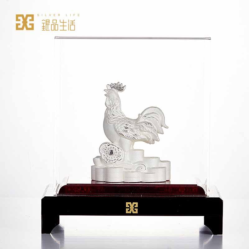 足银金鸡报喜银饰摆件,纯银鸡生肖本命年礼物,创意银饰礼品