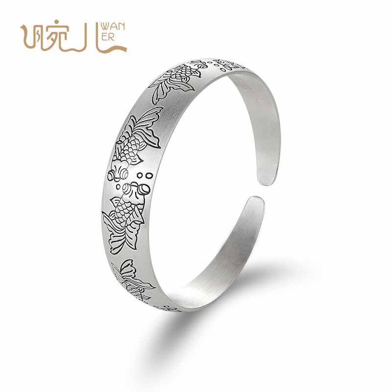 999足银女士款富贵有鱼纯银手镯金鱼图案开口设计银镯子