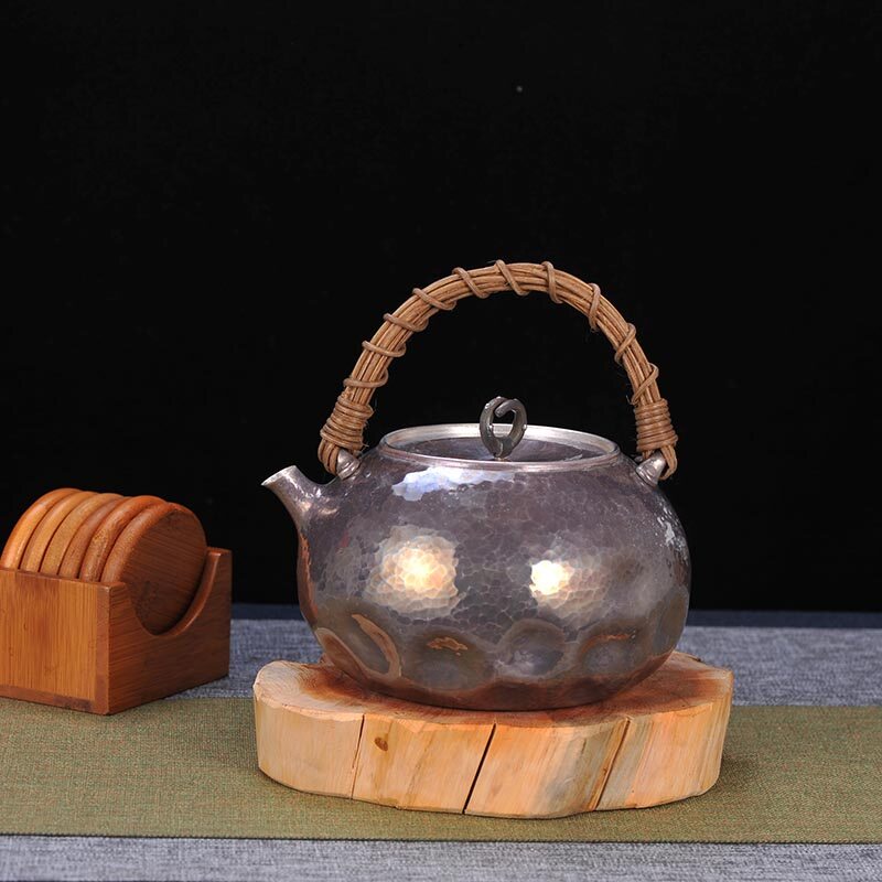 足银藤梁捶纹提梁壶,手工银壶,烧水壶,至臻匠器大师造