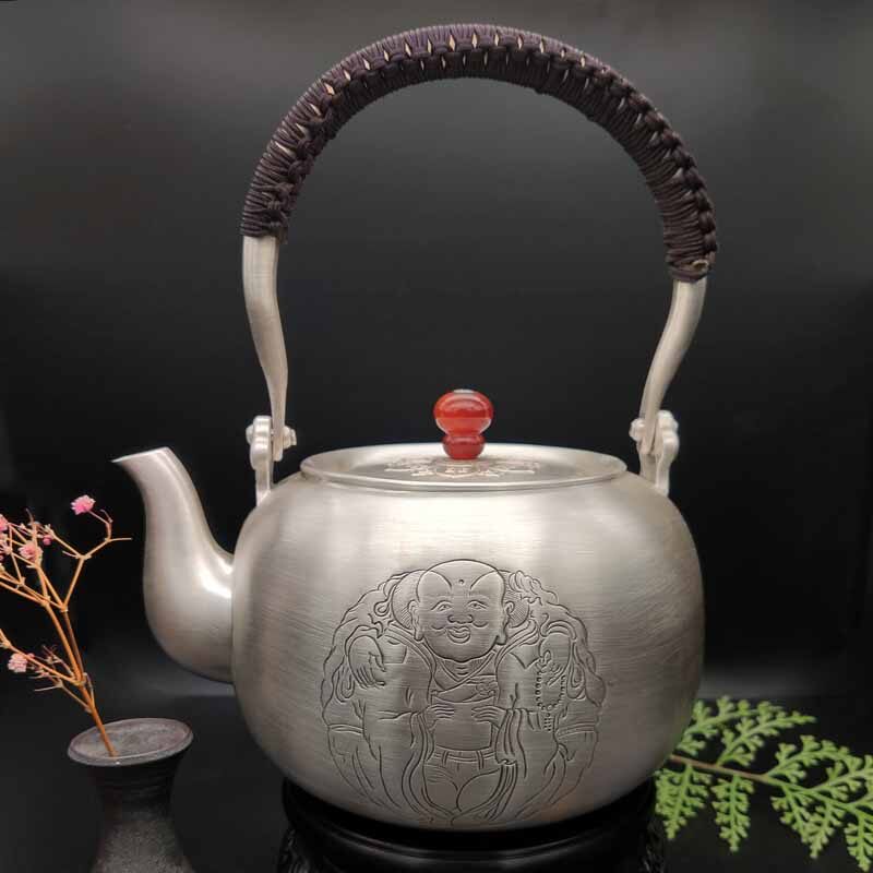 足银一团和气提梁壶,手工银壶,烧水壶,至臻匠器大师造
