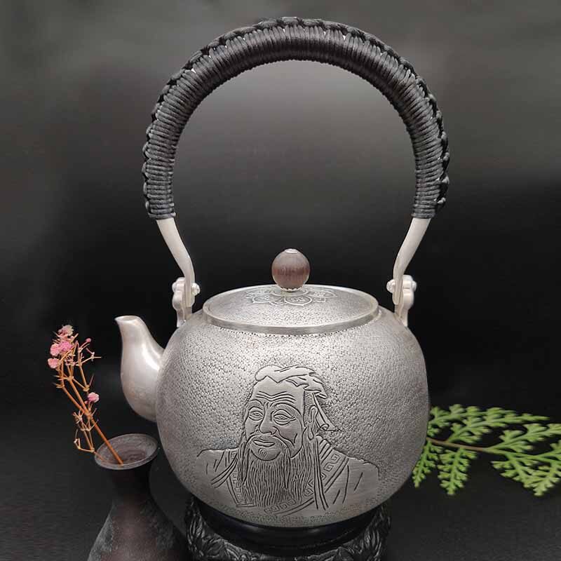 孔子足银提梁壶,纯手工银壶,烧水壶,至臻匠器大师造