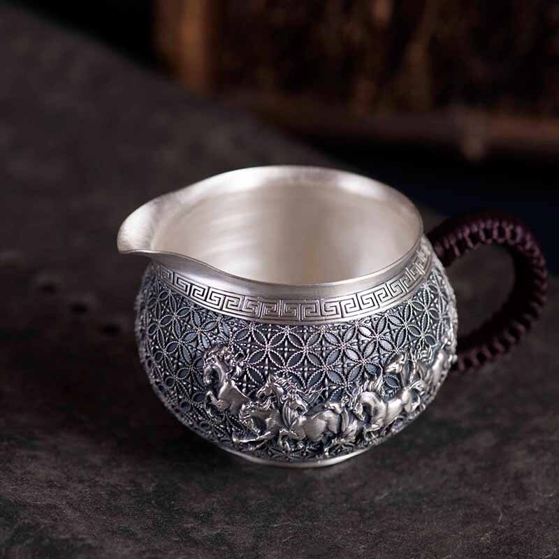马到成功纯银公道杯,仿古泡茶壶隔热银盖杯滤茶杯防烫公道杯实用把手分茶器