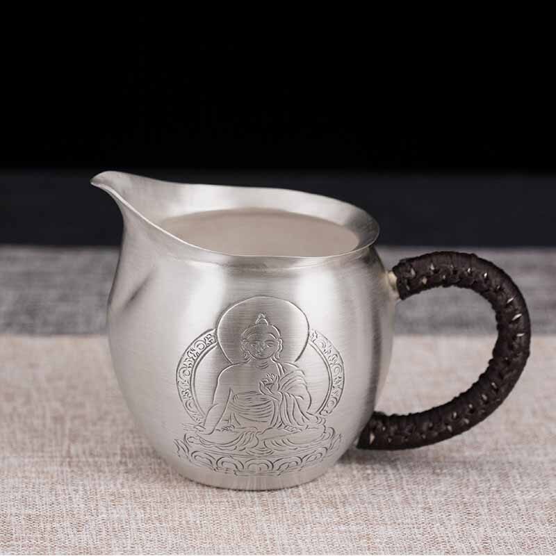 世尊佛陀纯银公道杯,泡茶壶隔热银盖杯防烫公道杯实用把手分茶器
