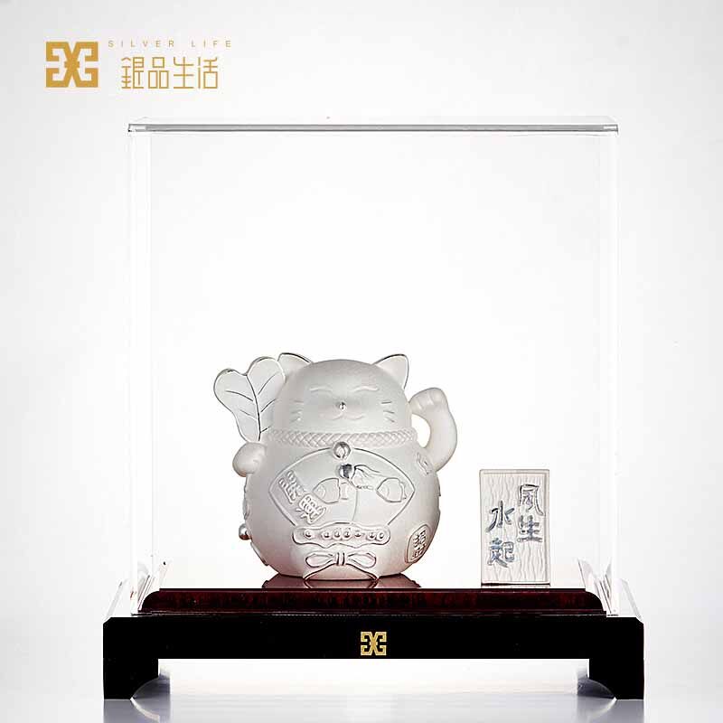 足银风生水起银饰摆件招财猫造型设计店铺办公室创意银饰品 约59g