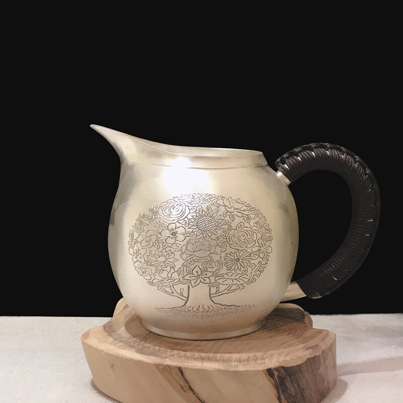 幸福树纯银公道杯,泡茶壶隔热银盖杯防烫公道杯实用把手分茶器