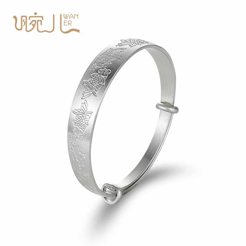 富贵有鱼999足银女士款纯银手镯传统工艺推拉设计银镯子