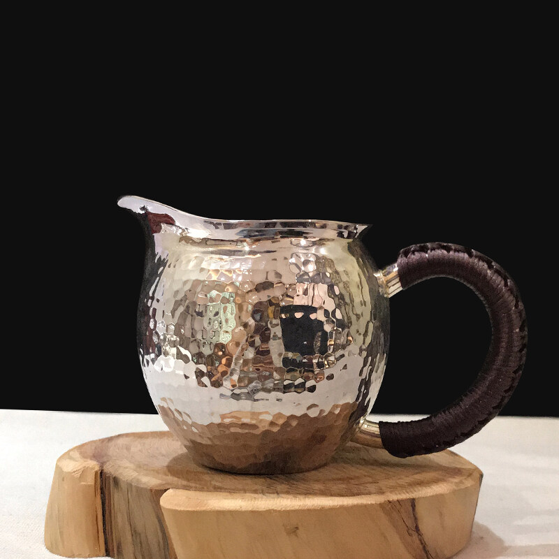 槌石纹纯银公道杯,把手分茶器送礼自用收藏功夫银茶具,足银本色茶具礼品