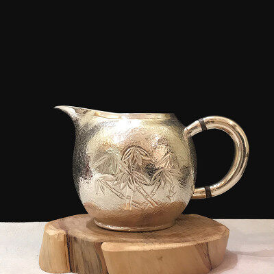 竹子纯银公道杯,纯银分茶器银制礼品纯手工茶壶茶道家用银壶实用把手分茶器