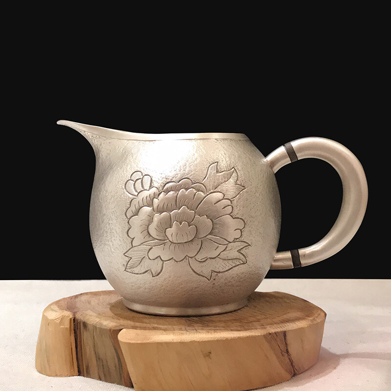 牡丹公道杯足银分茶器银制礼品纯手工茶壶茶道家用银壶实用把手分茶器