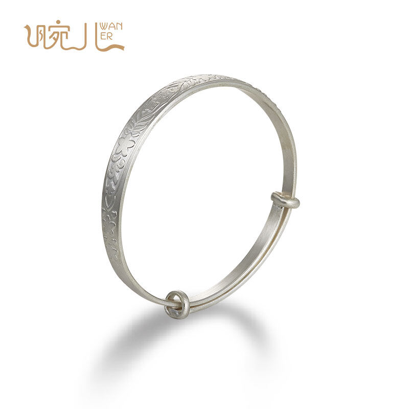 花开富贵9999纯银镯子复古优雅足银手镯女推拉可调