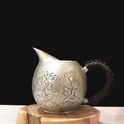 菊花纯银公道杯仿古泡茶壶隔热银盖杯滤茶杯防烫公道杯实用把手分茶器