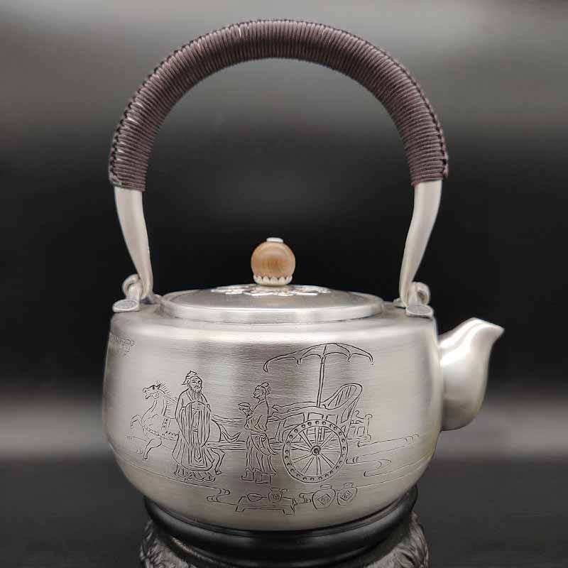 孔子东游图足银茶具提梁壶,纯手工银壶,烧水壶,至臻匠器大师造
