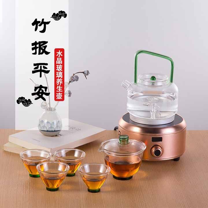 竹报平安水晶玻璃养生银壶,烧水壶,银与玻璃组合茶具套装(1壶1电炉1盖碗4杯) 