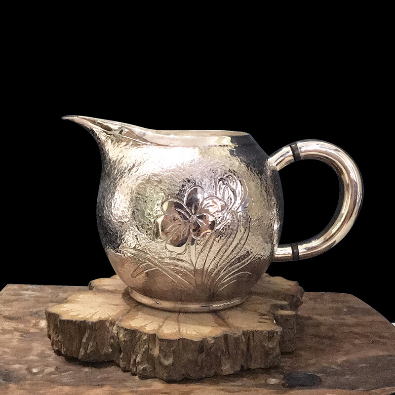 足银兰花公道杯（树皮纹底）把手分茶器送礼自用收藏功夫银茶具