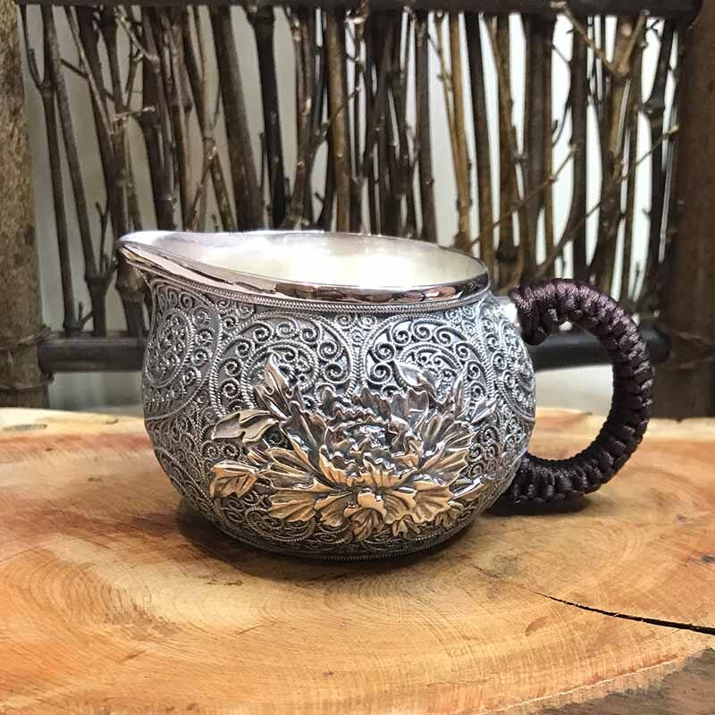 足银花开富贵公道杯便携防烫把手分茶器送礼自用收藏功夫银茶具