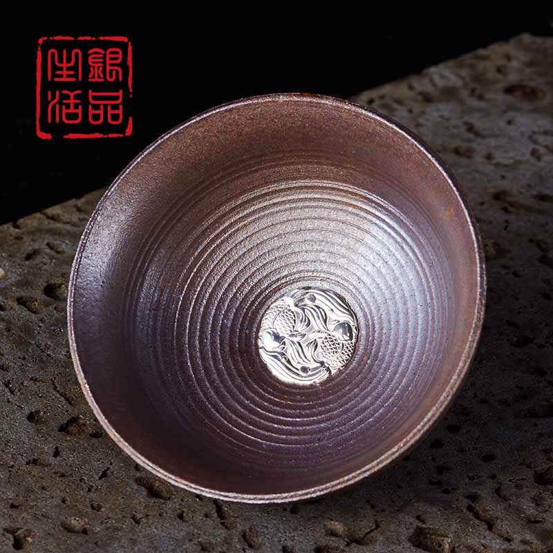 品茗杯,手工复古粗陶柴烧单杯镶银茶杯主人杯,功夫茶具茶道零配