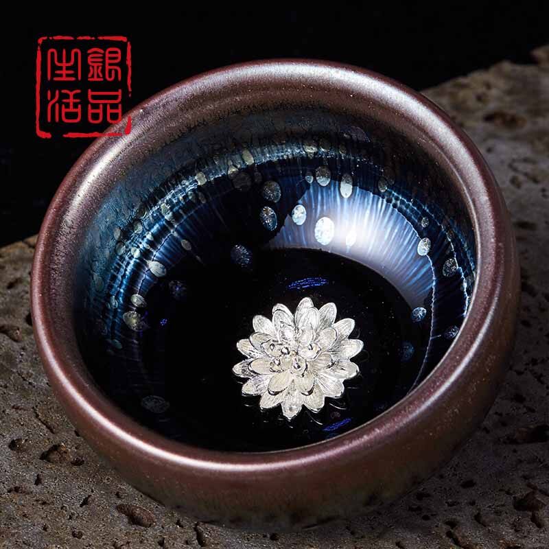 建盏天目油滴杯银饰七彩银杯 品茗杯陶瓷茶杯功夫主人杯