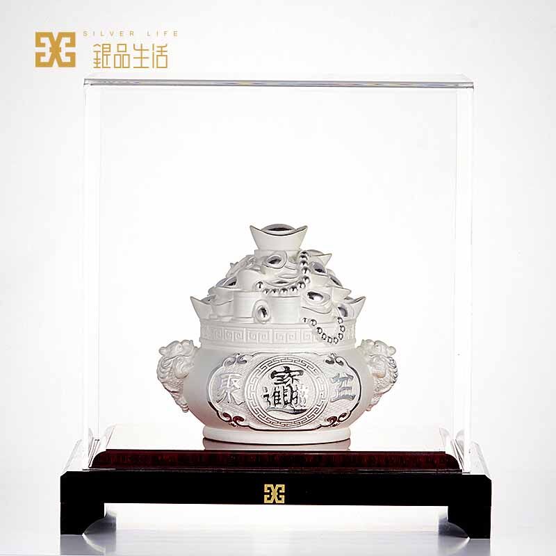 足银招财进宝银饰摆件聚宝盆造型设计家居客厅店铺办公室创意银饰品 约97g