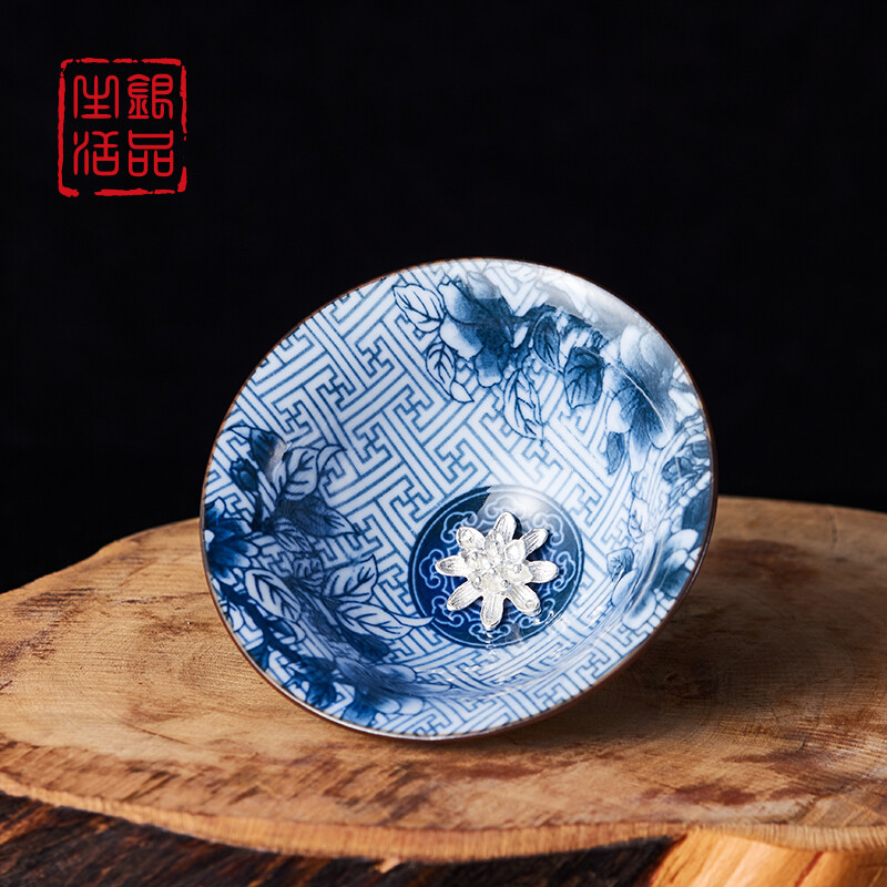 镶银功夫茶杯主人杯陶瓷手绘仿古花开鱼跃品茗杯茶盏手工青花瓷小茶杯