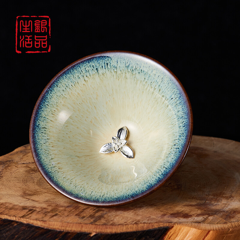窑变茶杯单个陶瓷主人杯镶银茶盏单杯功夫茶具建盏斗笠杯大号品茗杯